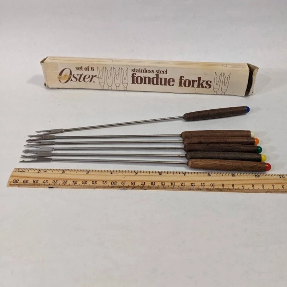 Vintage Oster Stainless Steel Fondue Forks Set of 6 Wood Handles MCM 203187